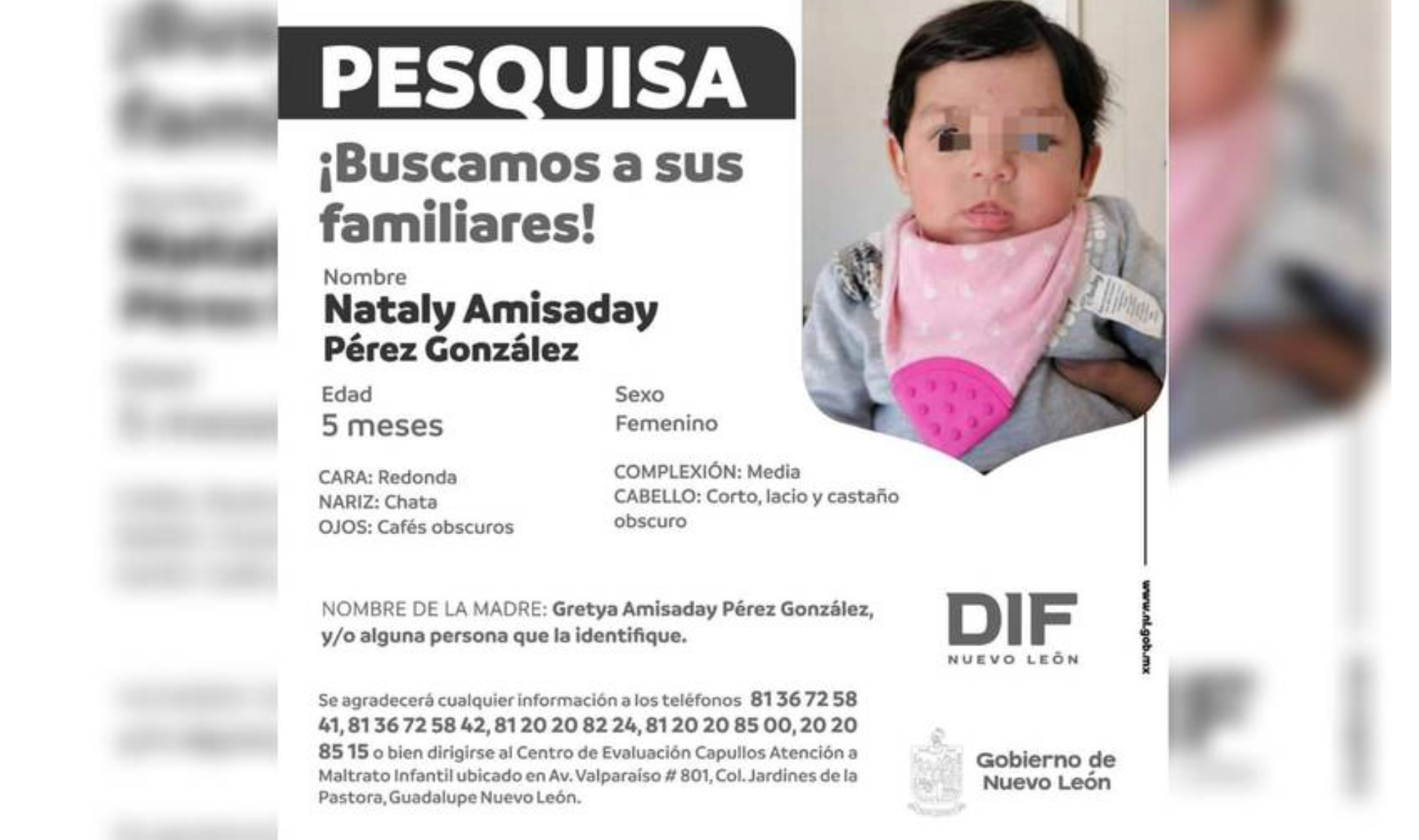 DIF Nuevo León busca a familia de niña de cinco meses